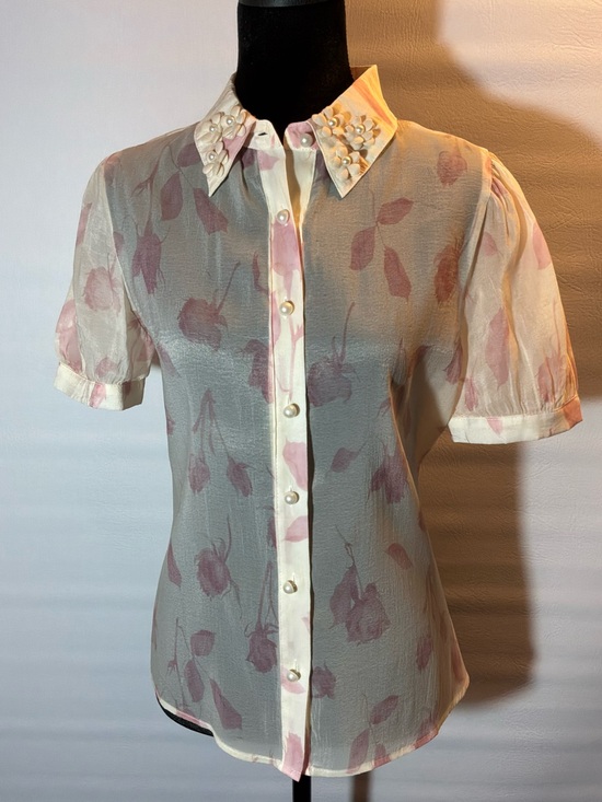 Alice Blue Tops - 🌙✨ Alice Blue Romantic Sheer Floral Pearl-Button Blouse